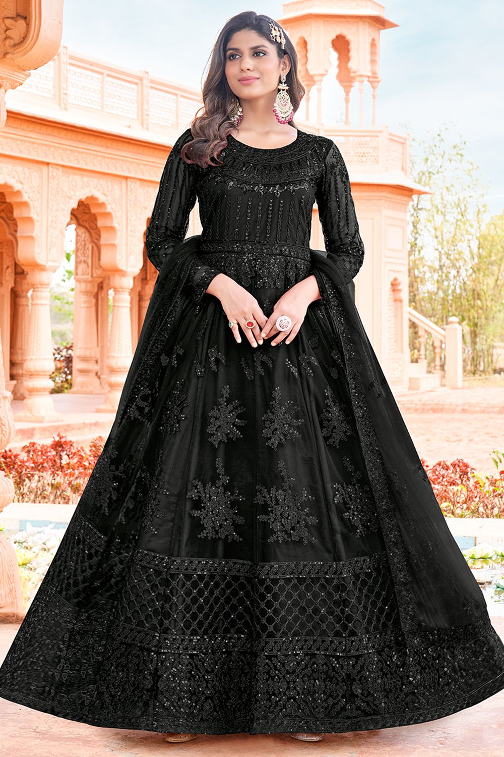 Black Embroidered Net Anarkali Suit