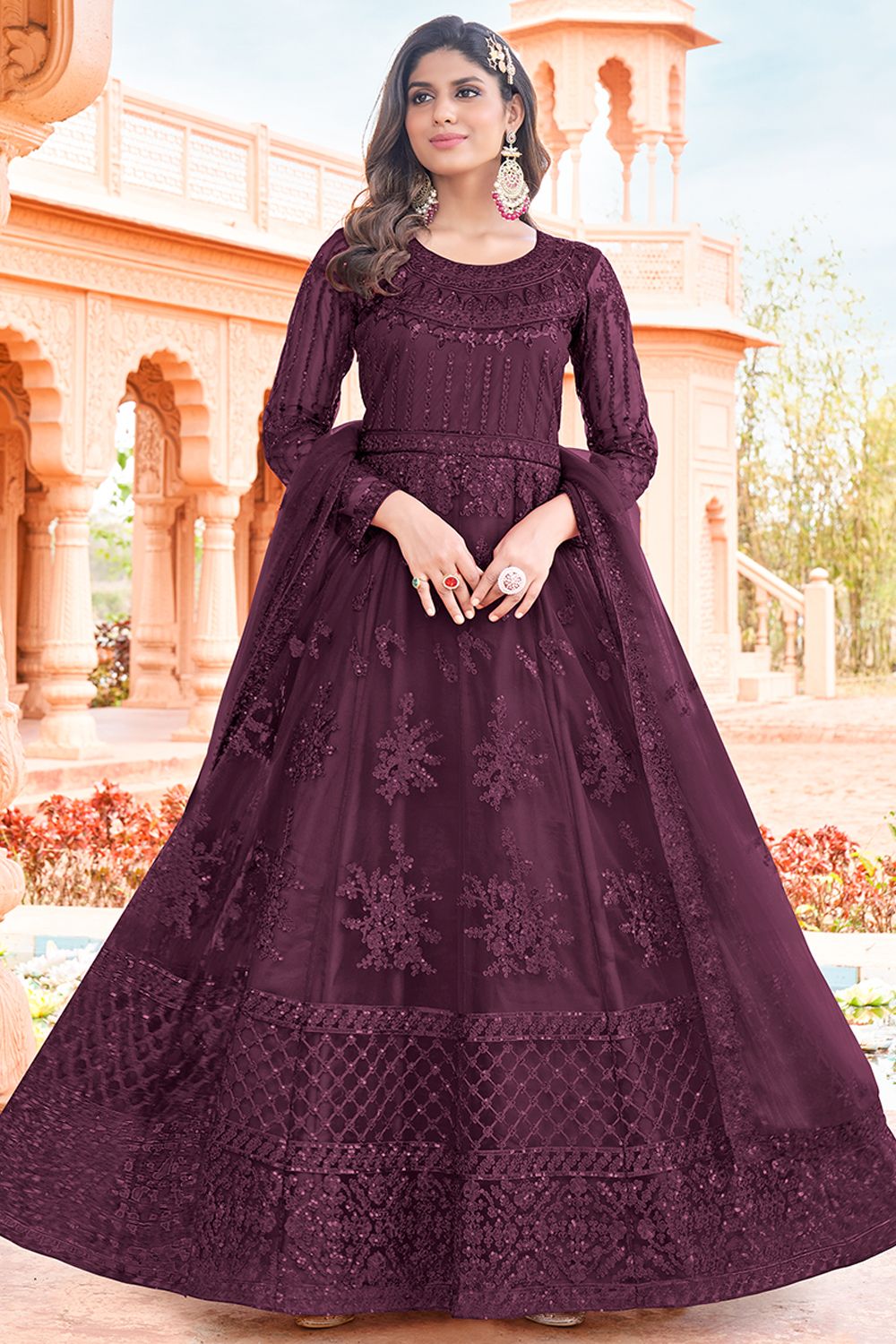 Purple Embroidered Anarkali Suit in Net
