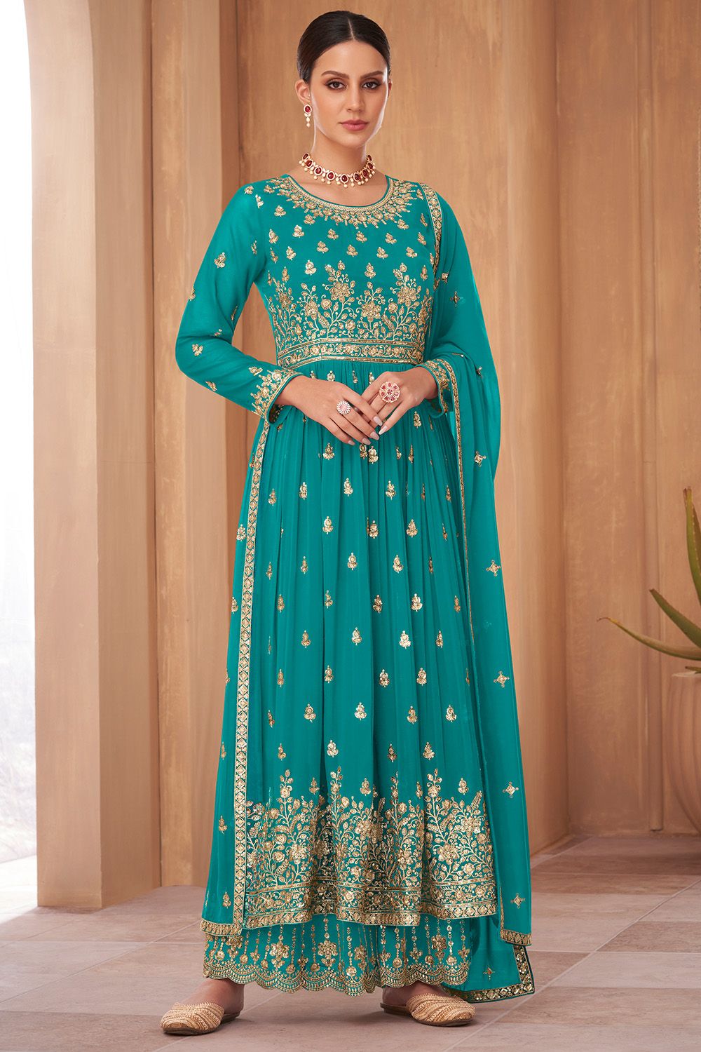 Sky Blue Georgette Embroidered Palazzo Suit