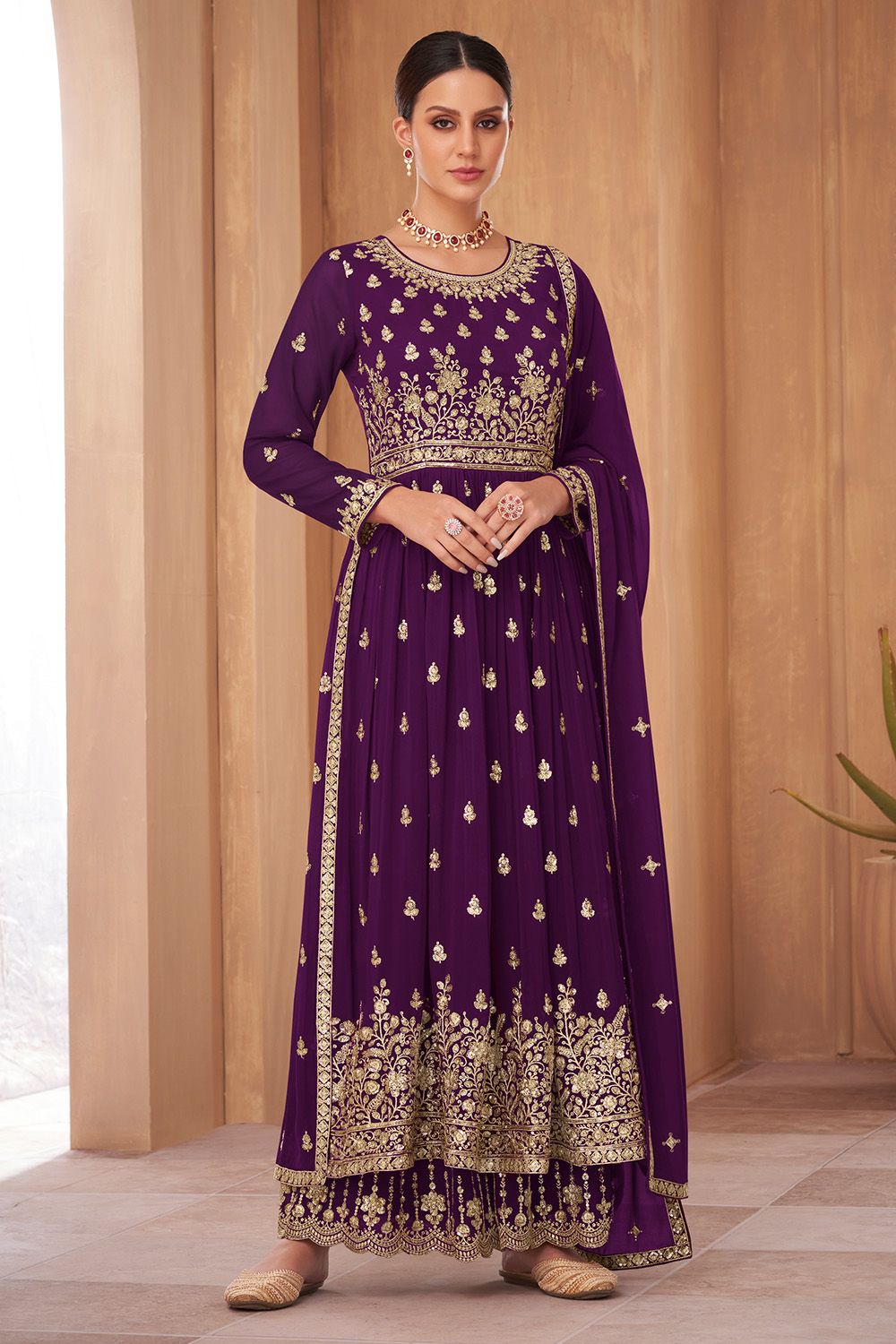 Purple Georgette Embroidered Palazzo Suit