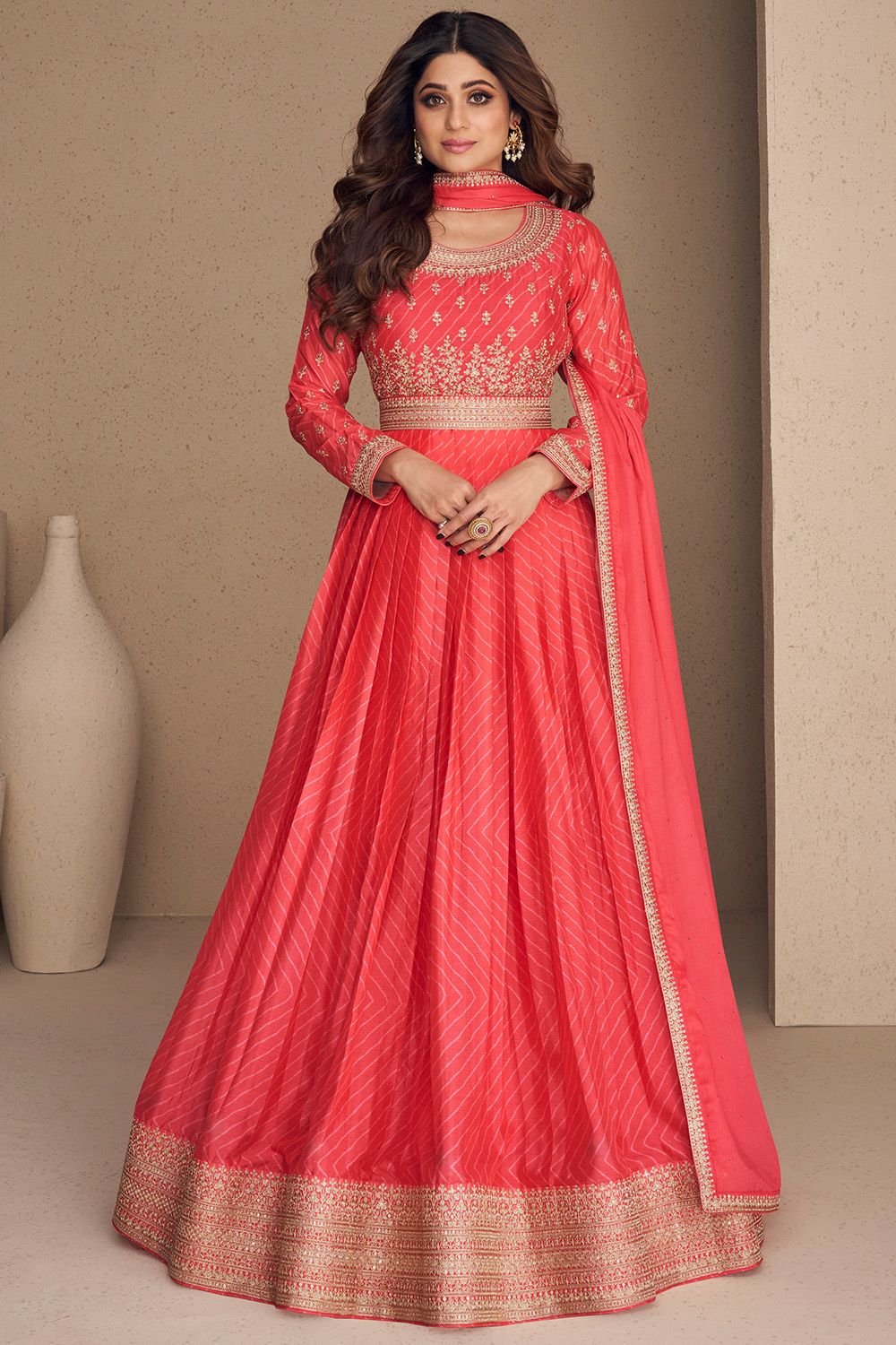 Orange Floor Length Chinnon Silk Anarkali Suit