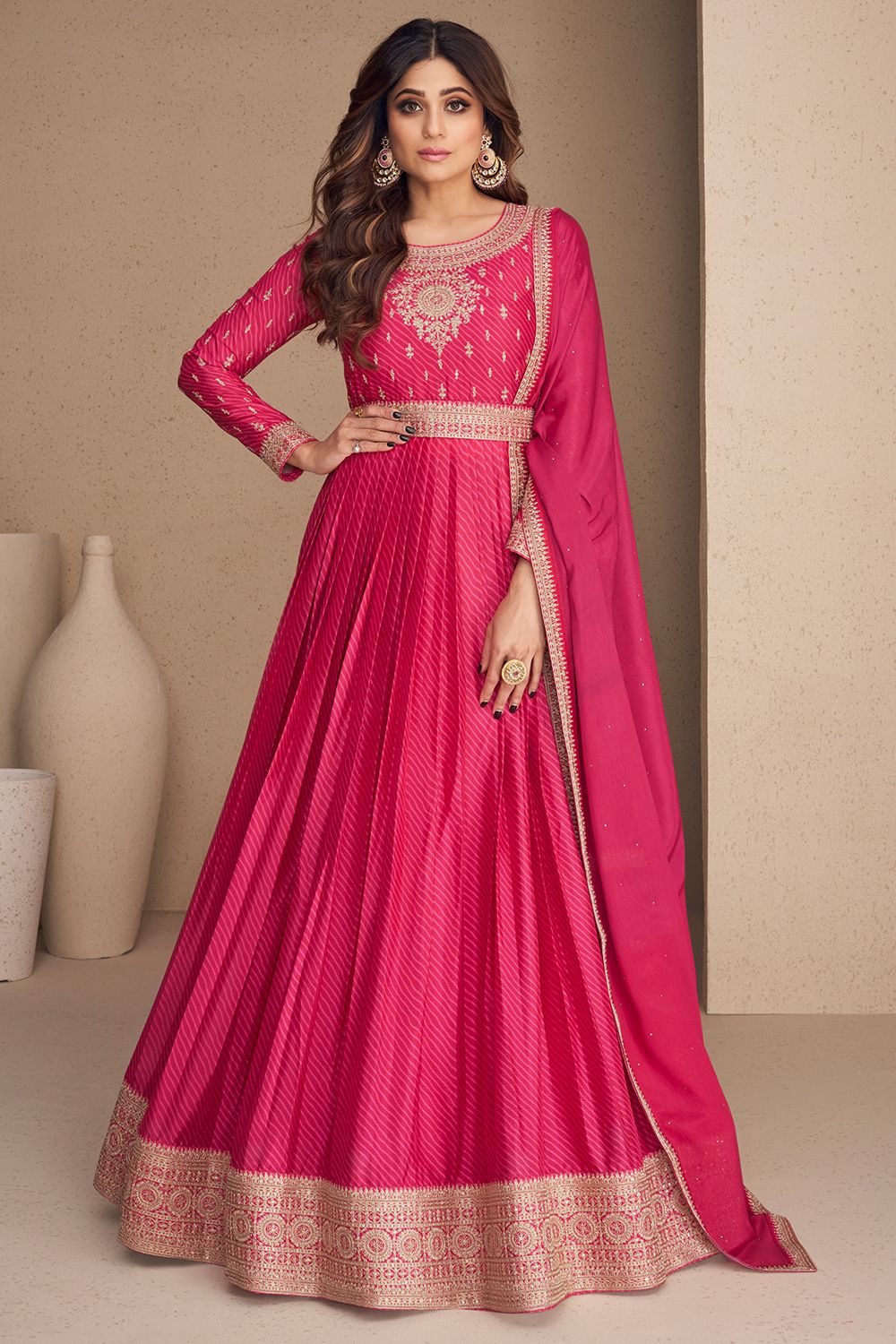 Hot Pink Floor Length Chinnon Silk Anarkali Suit
