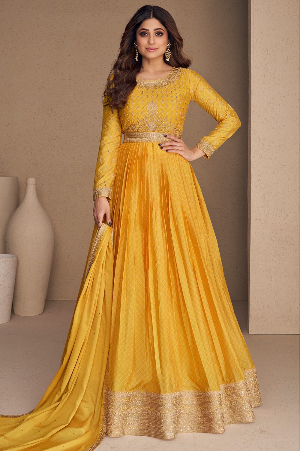 Yellow Floor Length Chinnon Silk Anarkali Suit