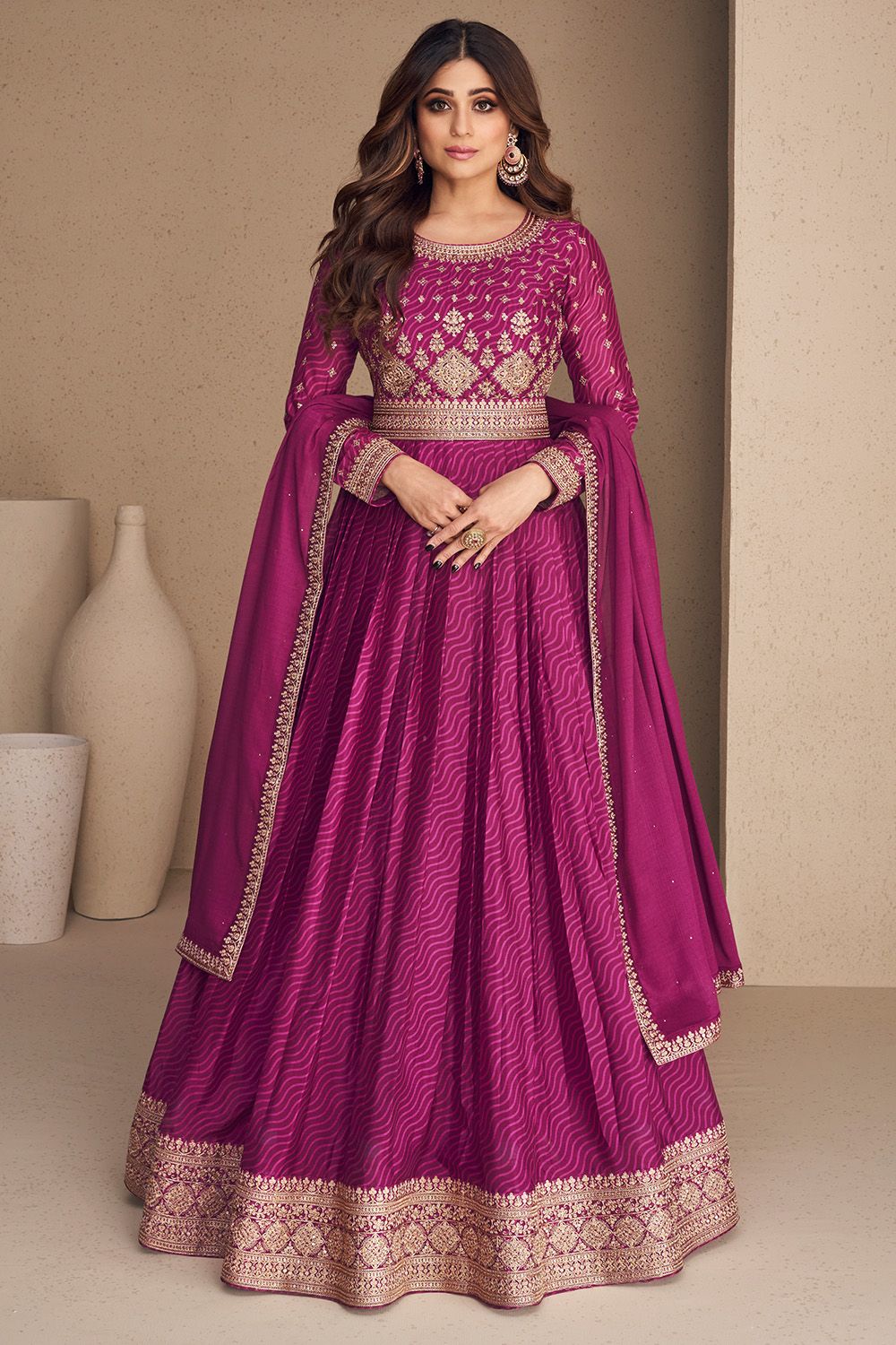 Purple Floor Length Chinnon Silk Anarkali Suit