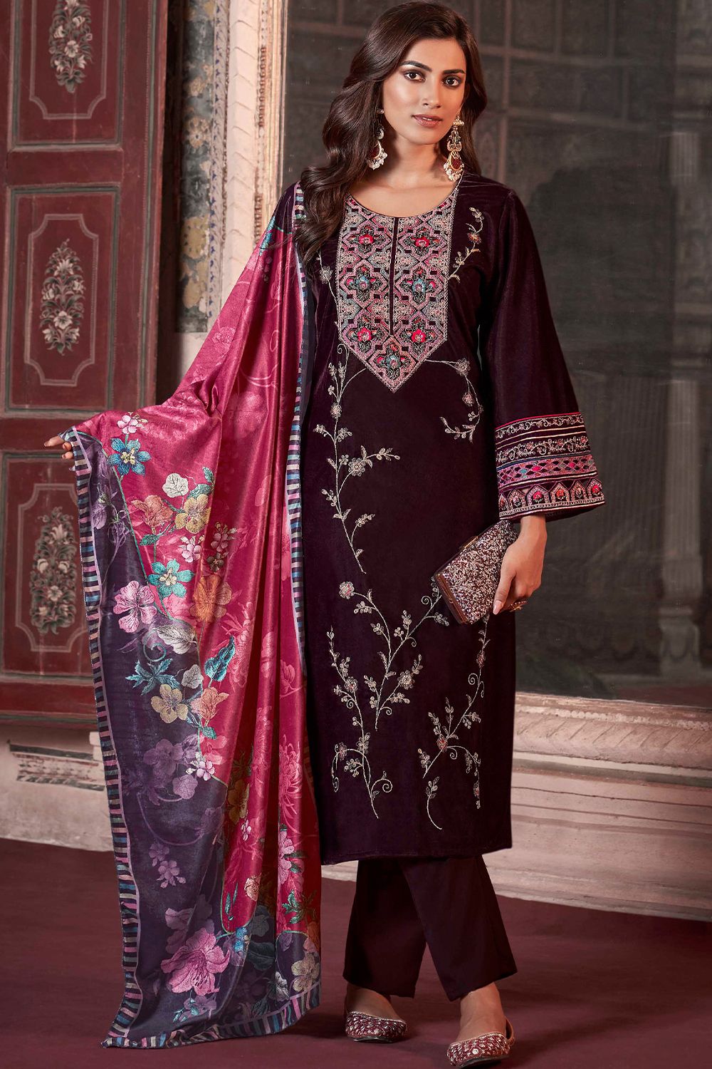 Wine Color Embroidered Velvet Suit Set
