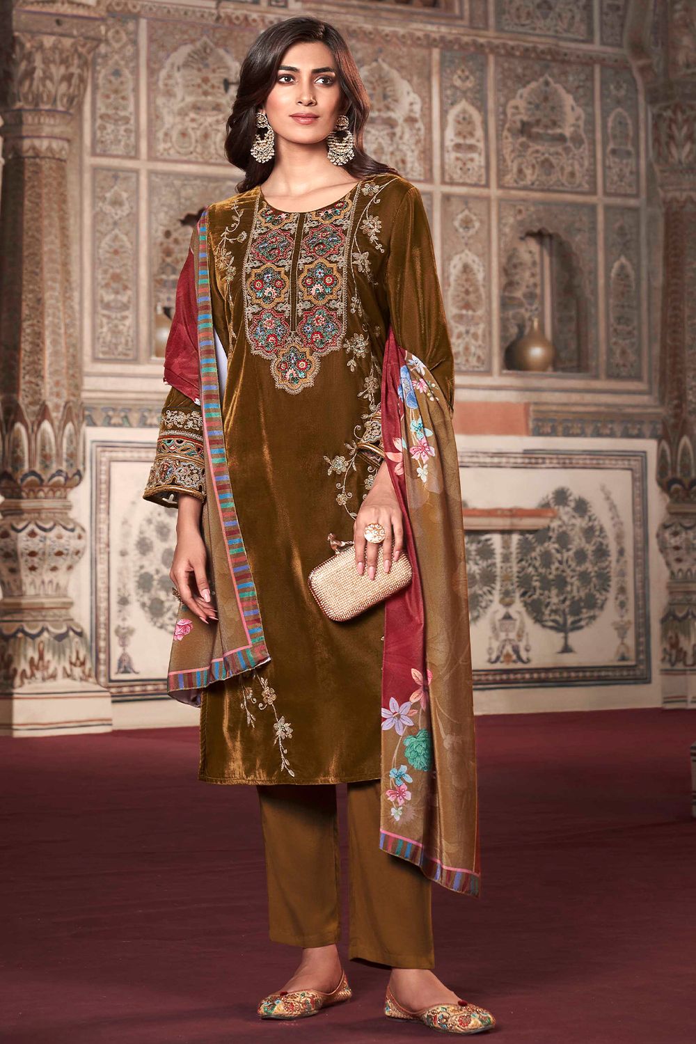 Olive Green Embroidered Velvet Suit Set