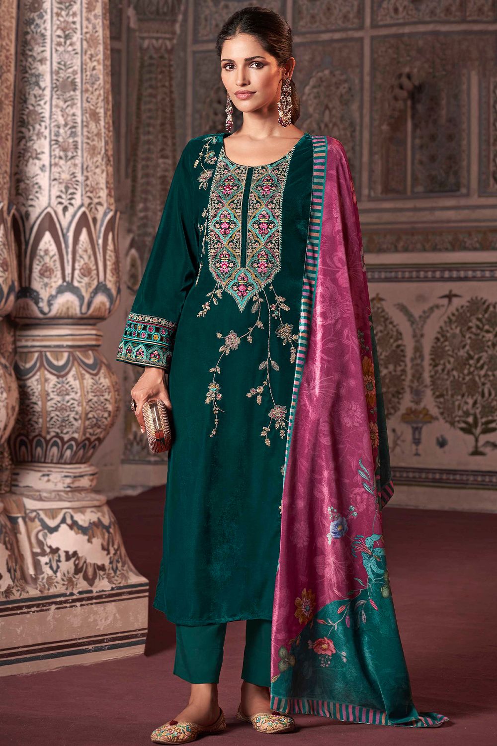 Teal Green Embroidered Velvet Suit Set