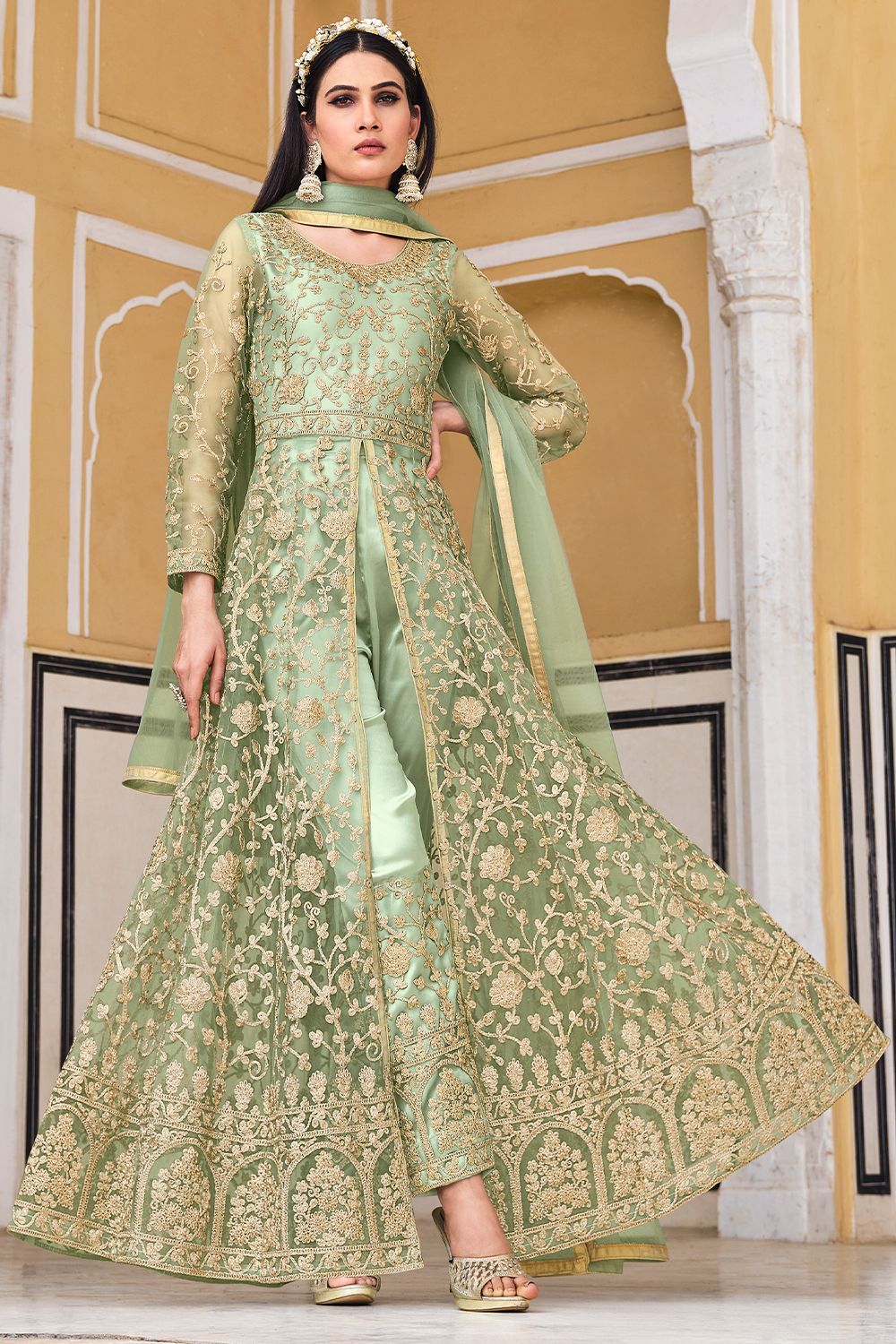 Light Green Embroidered Front Slit Net Suit