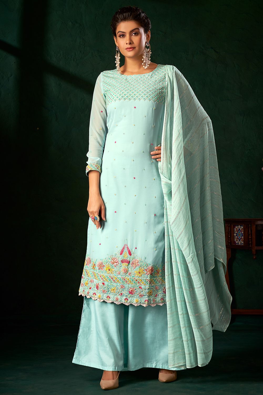 Turqoise Green Georgette Embroidered Palazzo Suit