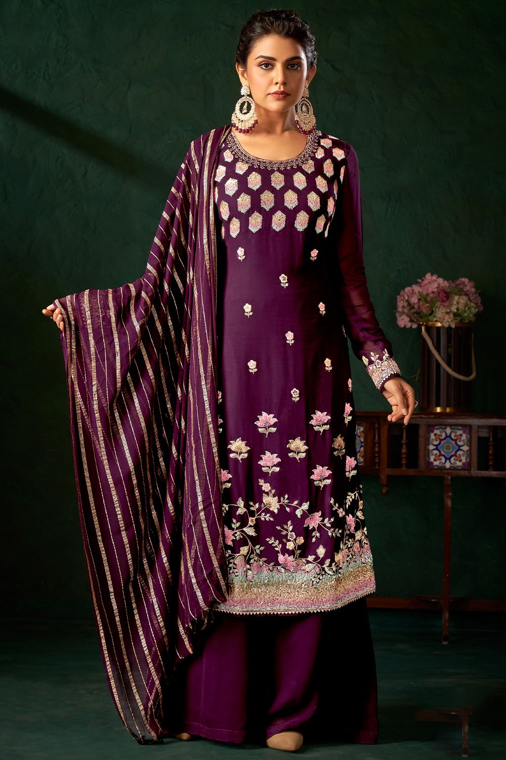 Plum Purple Georgette Embroidered Palazzo Suit
