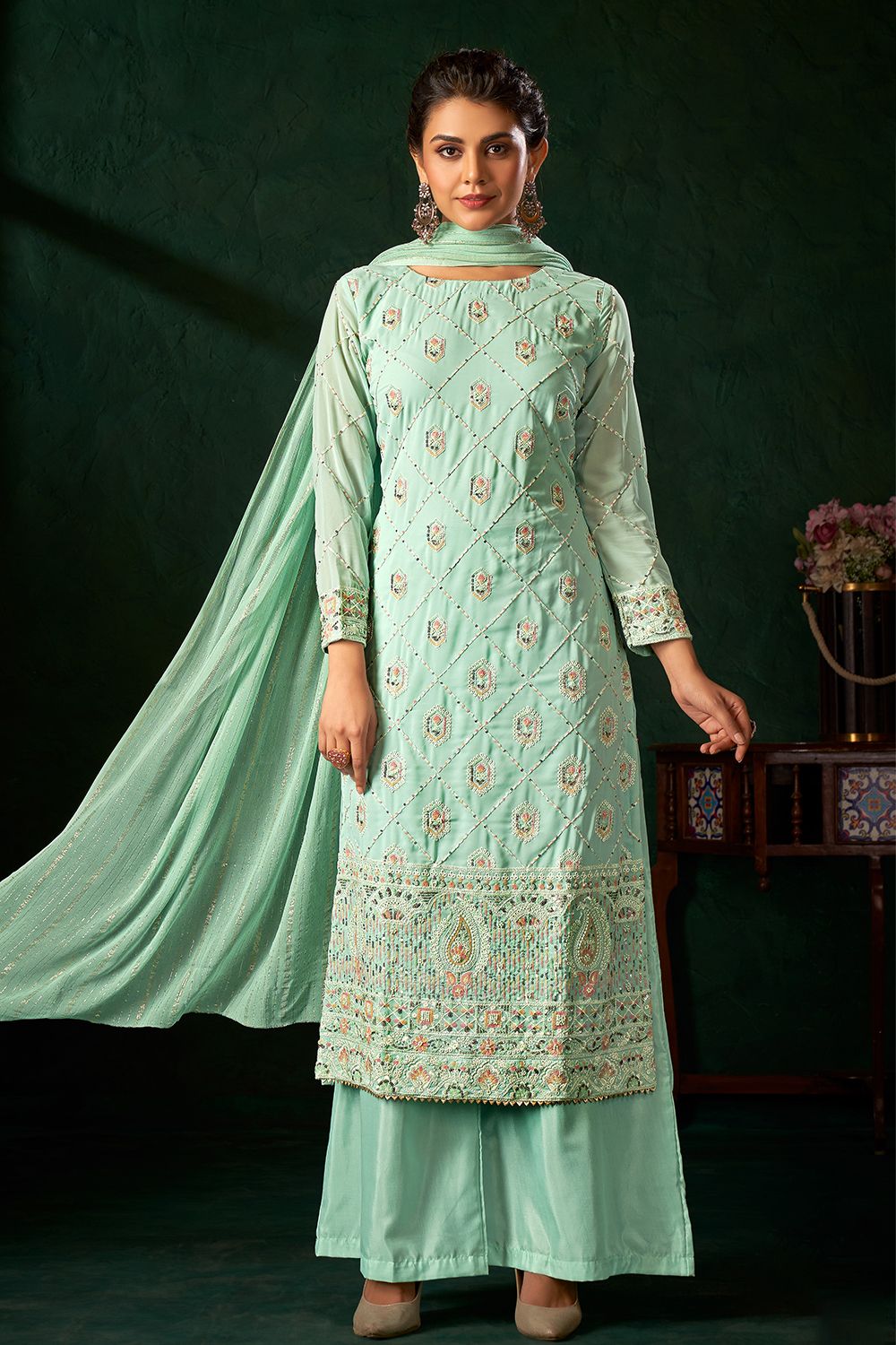 Sea Green Georgette Embroidered Palazzo Suit