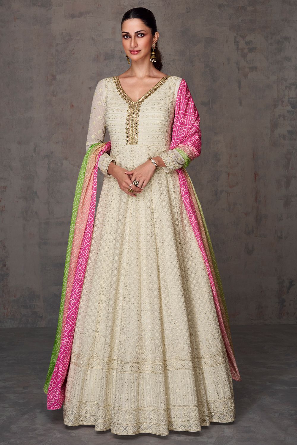 Off White Georgette Embroidered Anarkali Suit