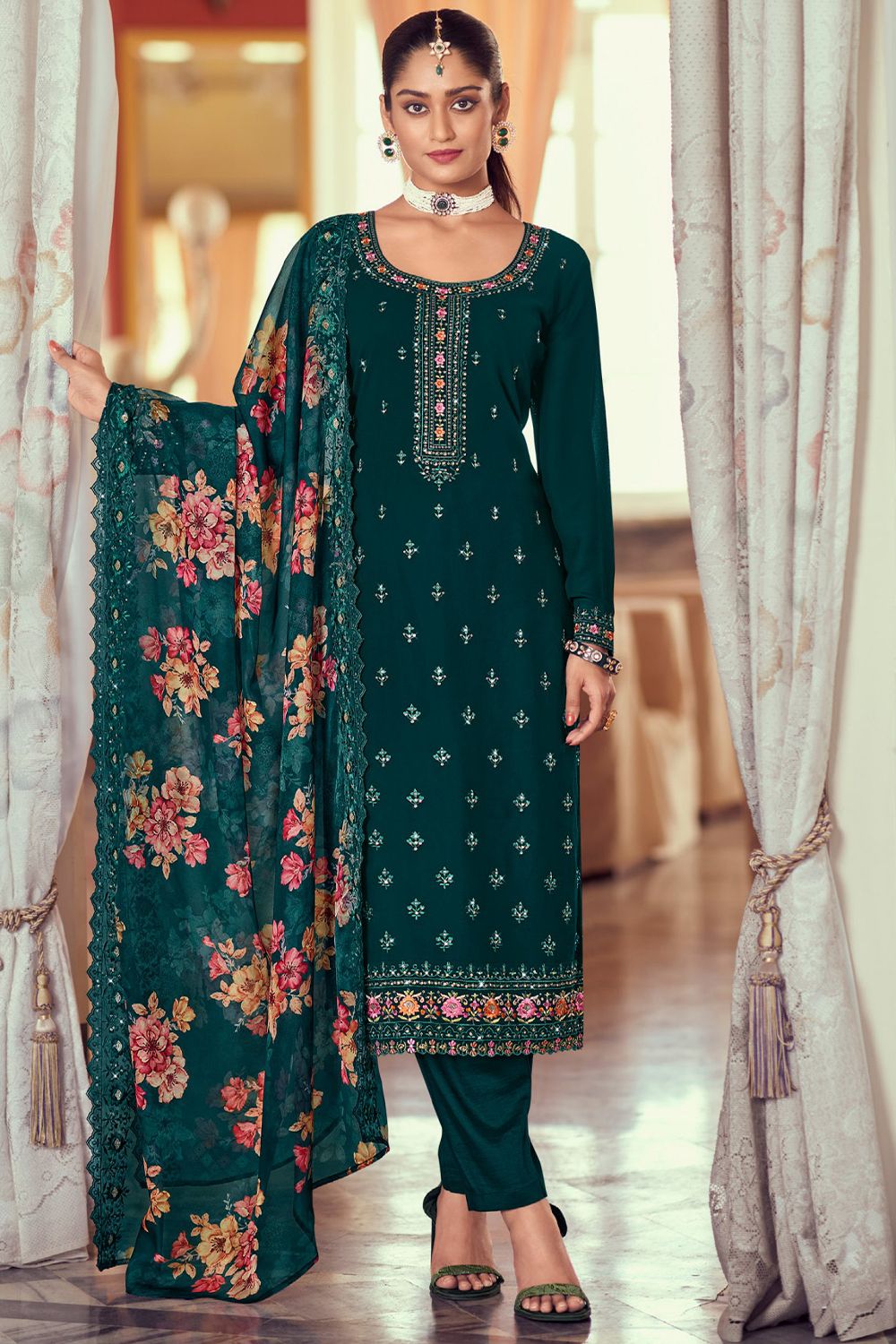 Green Georgette Embroidered Pant Suit