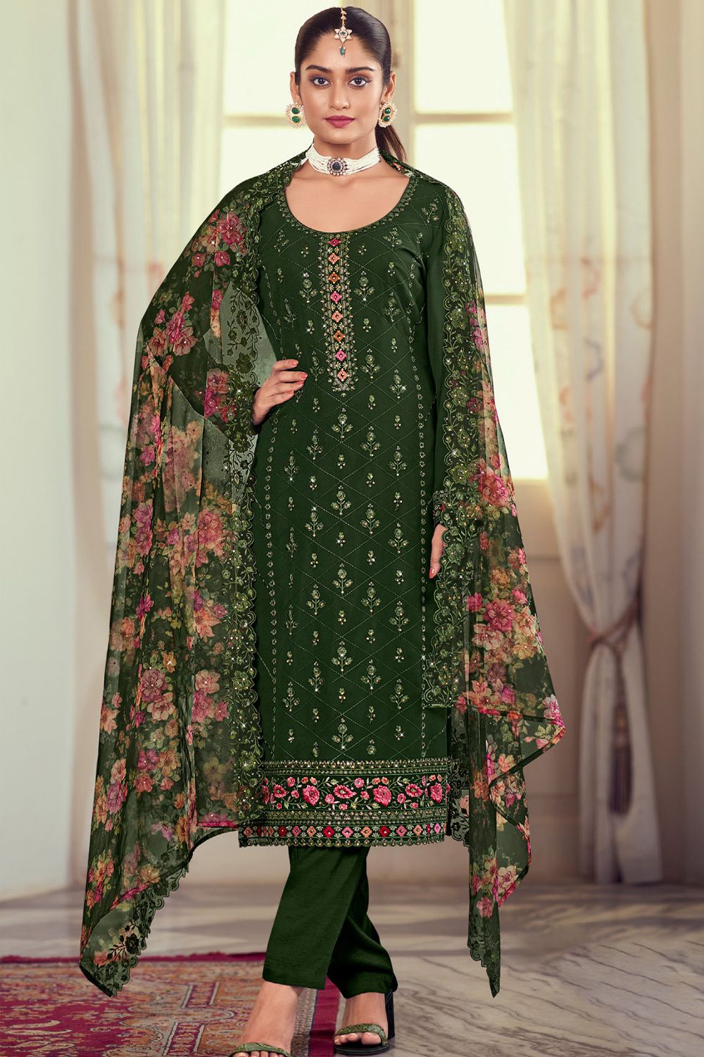 Dark Green Georgette Embroidered Pant Suit