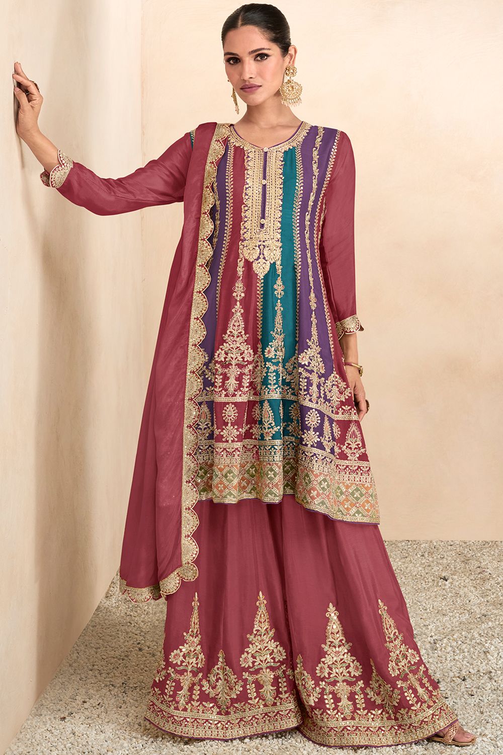 Multi Color Pink Chinon Embroidered Suit