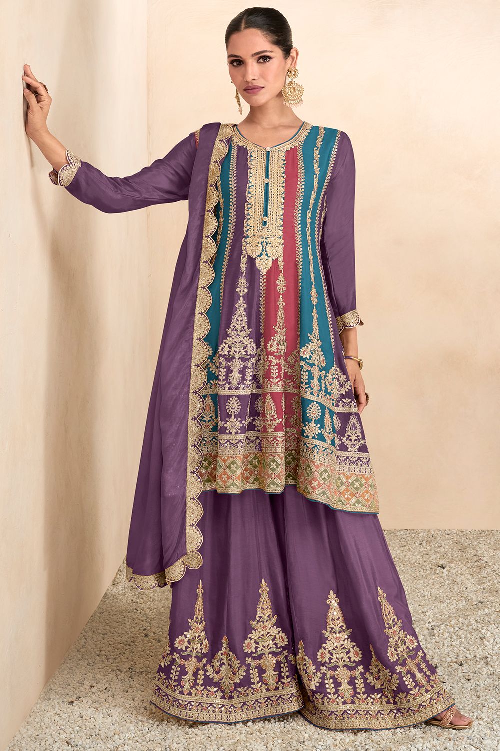 Multi Color Light Purple Chinon Embroidered Suit